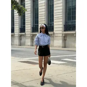 Cider Cotton-blend Stripes Stand Collar Bowknot Oversized Blouse With Scarf