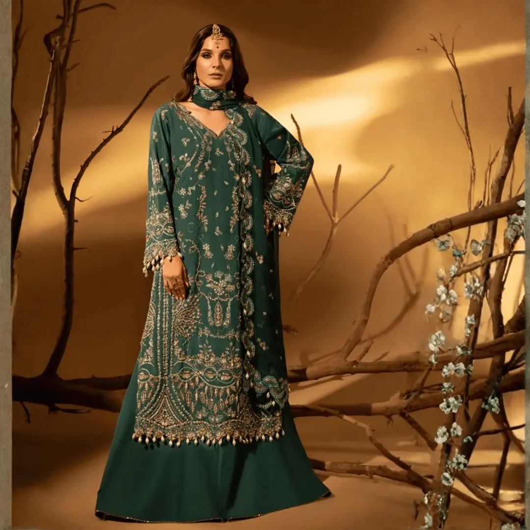 Green Slate | Aylin – Hand-Embellished Raw Silk 3-Piece Suit with Chiffon Dupatta