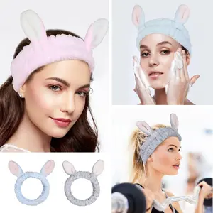 4 Pack Elastic Makeup Headbands for Women, Girls' Soft Flannel Bunny Ears Headbands Head Wraps, SPA Headband for Washing Face