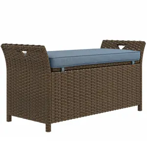 Outsunny 29 Gallon Patio Wicker Storage Bench, Outdoor PE Rattan Patio Furniture, 2-In-1 Large Capacity Rectangle Garden Storage Box with Handles and Cushion, Red