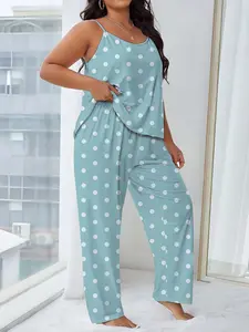 【Plus Size】 Polka Dot Print Cami Top & Wide Leg Pants Pajama Two-piece Set, Casual Comfy Top & Trousers PJ Set, Women's Sleepwear for All Seasons, Loungewear