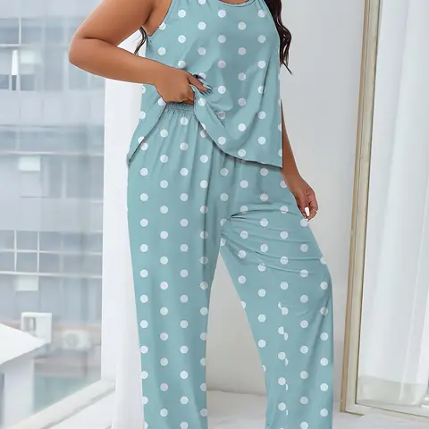 【Plus Size】 Polka Dot Print Cami Top & Wide Leg Pants Pajama Two-piece Set, Casual Comfy Top & Trousers PJ Set, Women's Sleepwear for All Seasons, Loungewear