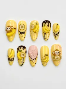 Kawaii Monkey medium almond Press On Nails | Cute Banana Nail Set | 3D Fruit Nail Art | Handmade Yellow Press Ons