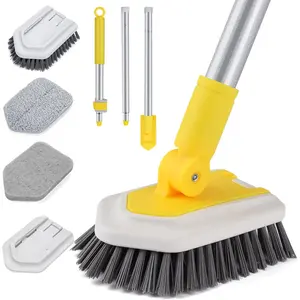 Shower Brush with Locking Head, 3 in 1 Tub Tile Scrubber Brush with 50'' Extendable Long Handle Stiff Bristles Scouring Pads Microfiber for Shower Wall