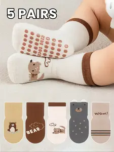 Baby Non-Slip Socks Set, Cute Bear & Fox Patterns, Toddler Floor Socks, Unisex Kids Bed Socks, Paw Socks, 5 Pairs, Comfortable and Safe
