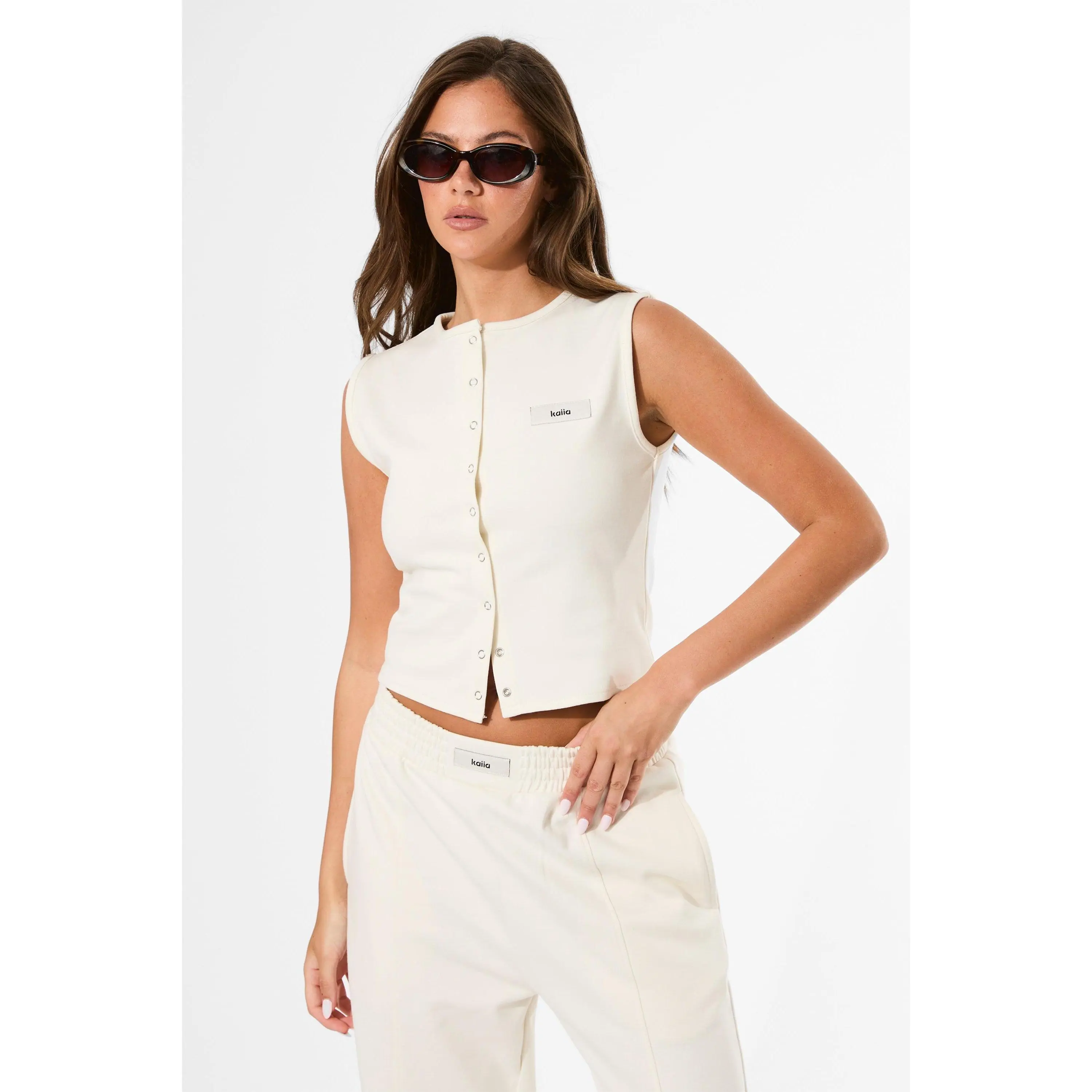 Kaiia Label Logo Premium Modal Waistcoat Top Cream