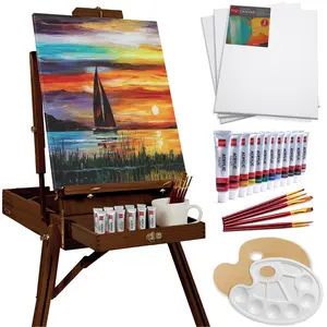 Best Choice Products French Easel, 32pc Beginners Kit Portable Wooden Adjustable Tripod  w/ Paint Supplies