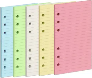 A6 Colorful Refill Paper, [5 Colors]  100GSM Thick Refillable Paper 6 Hole Filler Inserts Loose Leaf Paper 100 Sheets (200 Pages) for 6 Ring Binder Journal Notebook