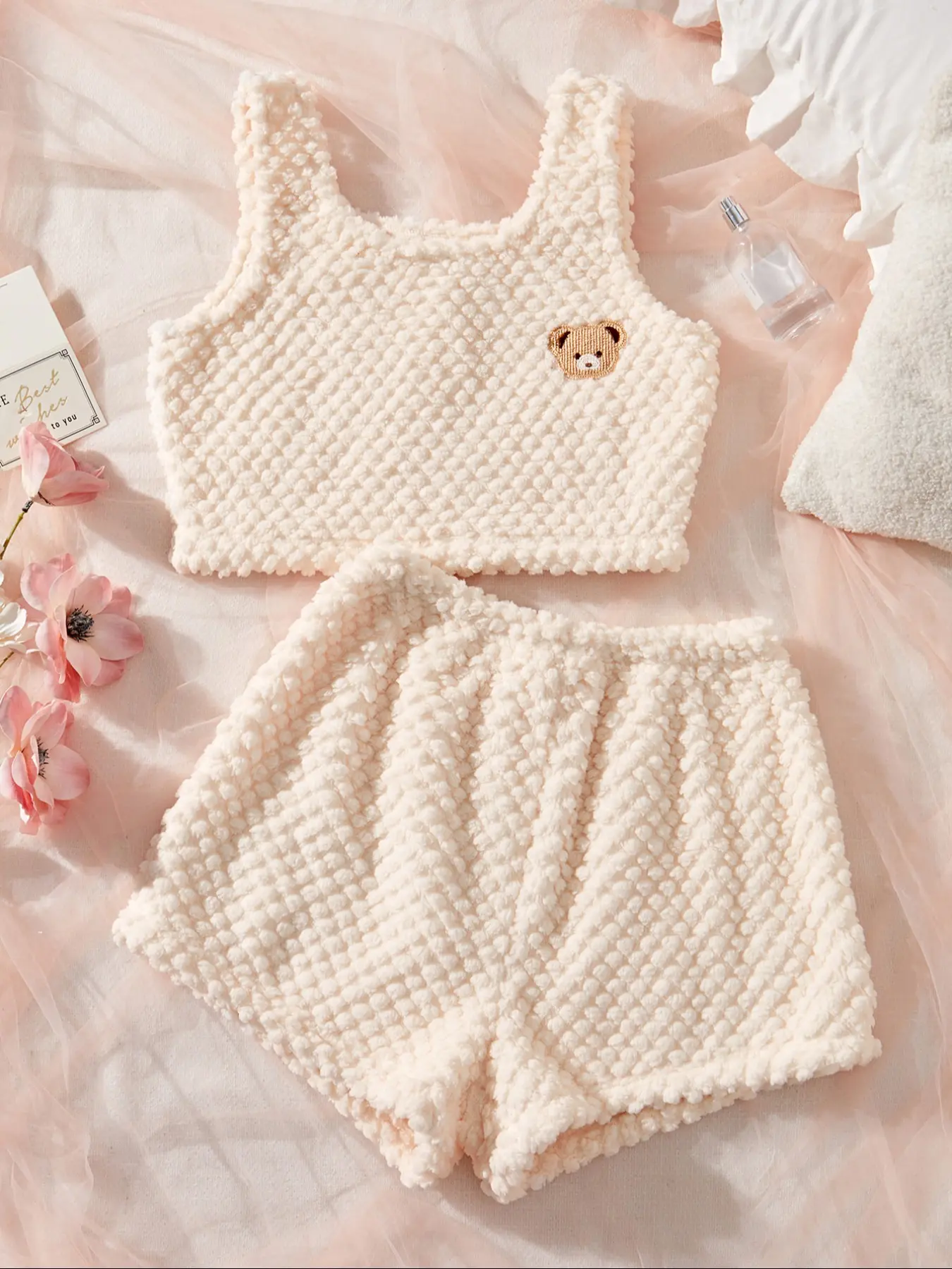 Women's Fleece Lined Embroidery Tank Top & Shorts Set, Warm Four Seasons Pajamas, Sexy Two-Piece Loungewear Sleepwear, Comfortable Nightwear for Ladies, co-ord sets for women, Pjs