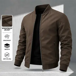 Men’s baseball collar jacket, suede-texture casual zip-up outerwear for spring/autumn, versatile business top, slim-fit aviator jacket, minimalist commuter jacket