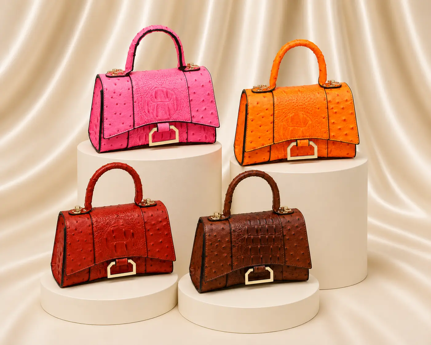 Ostrich Croc Flap Over Satchel Crossbody Bag