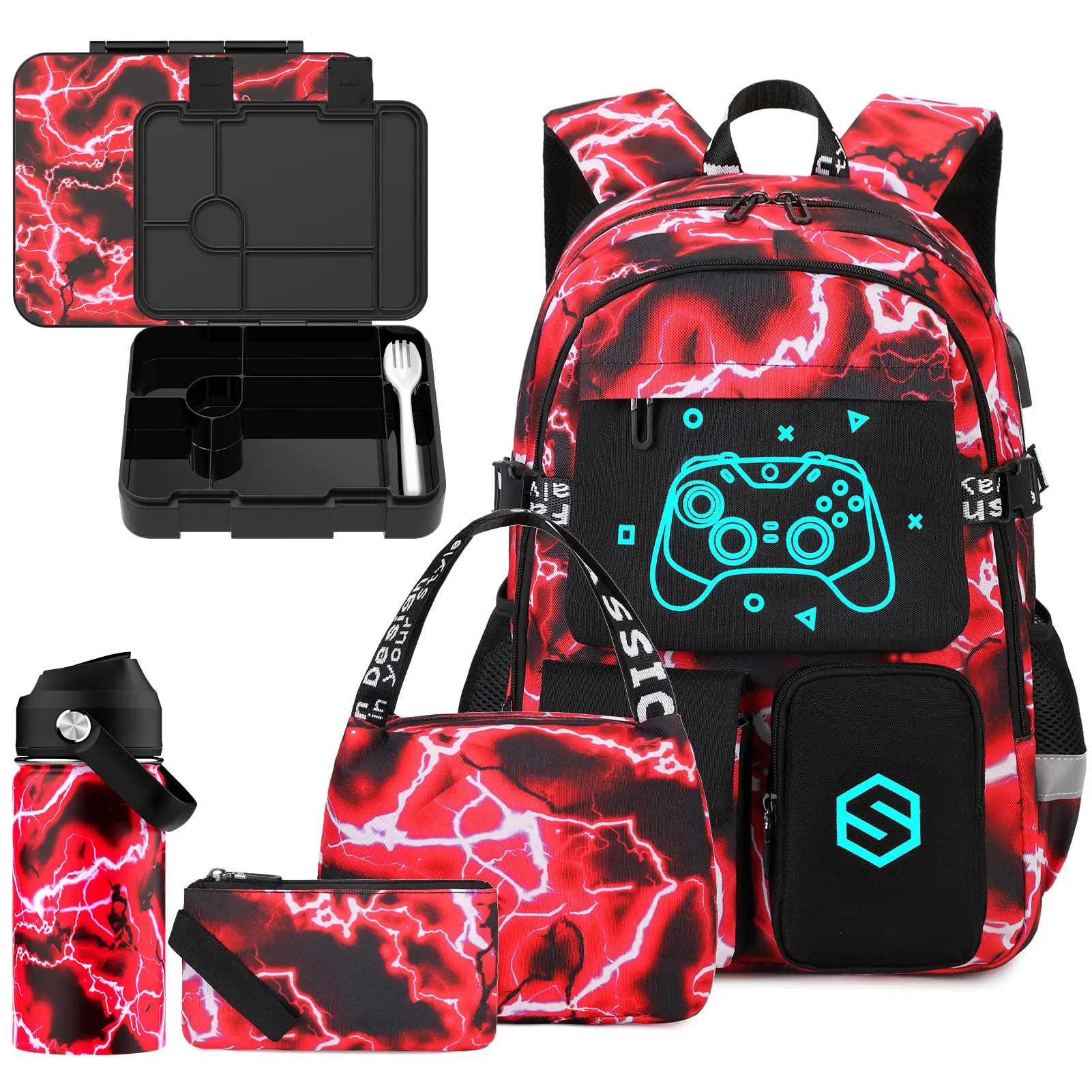 SIMILOVE Luminescent Waterproof Trendy Backpack Set - 5-Piece Oxford Fabric Bundle with Adjustable Strap, USB Port, Lightweight Bag, Lunch Bag, Pencil Case, Lunch Box, Water Bottle for Back-to-School Students