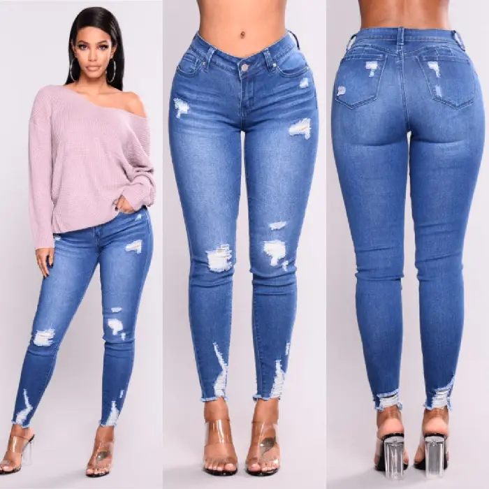 Eidryalla Women's High-Waist Cotton Distressed Jeans - Elastic Slim-Fit Stretch Skinny Ankle-Length Ripped Bottoms, Non-See-Through Denim for Casual Streetwear & Night Outs