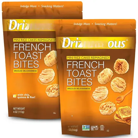 Drizzilicious French Toast Mini Rice Cakes - Low Sugar Vegan Gluten-Free Healthy Snack 90 Cal 4 oz Pack of 2 with Chia Quinoa Flaxseed