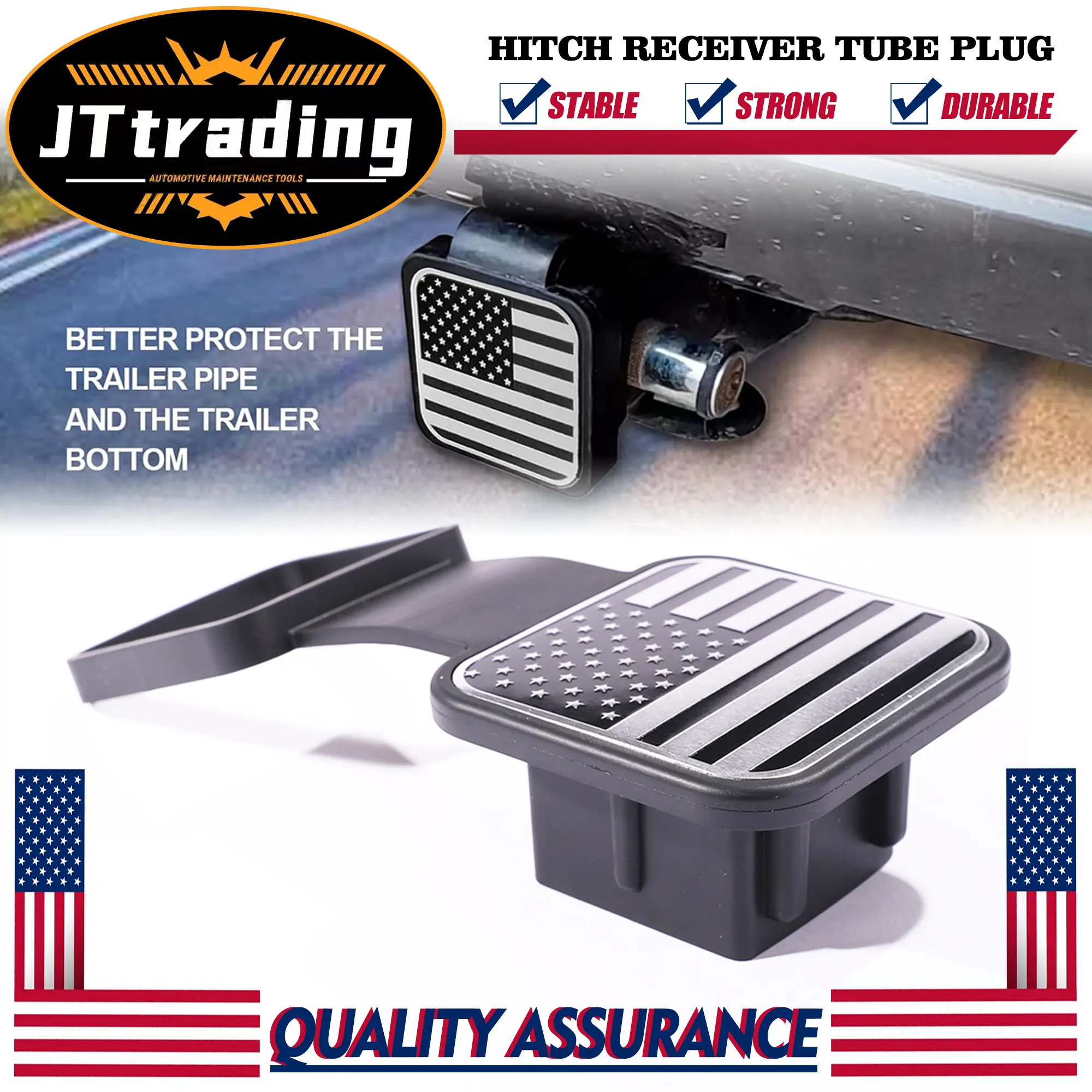 JTtrading 2-in-1 Rubber Trailer Hitch Cover - American Flag Emblem Tow Tube Plug Cap, Durable, Stable, Easy-to-Install Vehicle Accessory for Most Auto Hitch Receivers