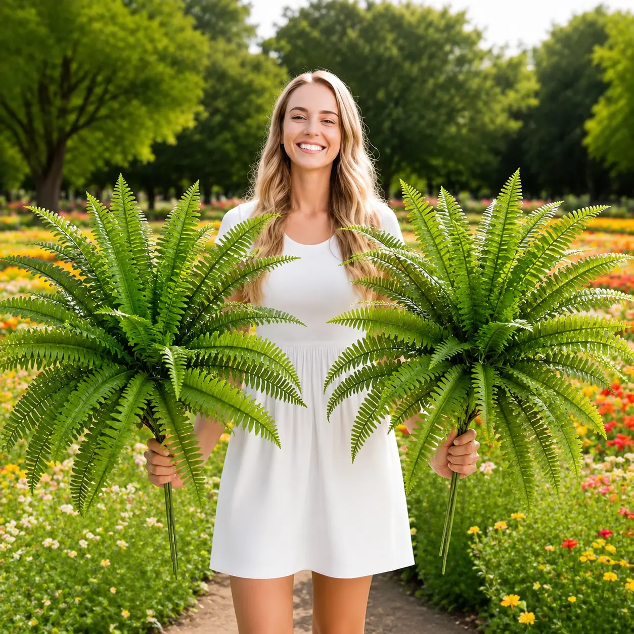 2Pcs 26.4in Large Synthetic Persian Fern Style Artificial Leaves, UV-Resistant Faux Greenery, No-Watering Fake Plant Decoration for Porches/Balconies, Outdoor Home Decor