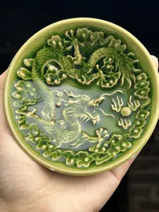 Traditional Handmade Kiln Treasure Imperial Green Dragon Blessing Clouds Tea Cup, Collectible Cultural Pottery Item