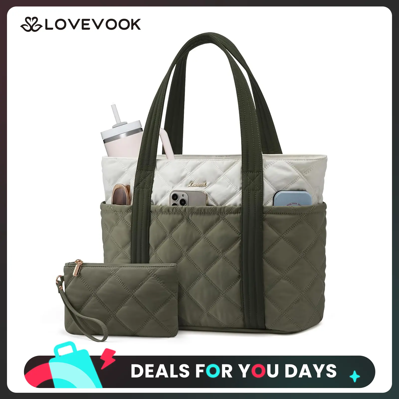 LOVEVOOK Large Capacity Puffer Tote Bag for Women,with Multiple Compartments and a Cup Holder,Stylish Quilted Travel Shoulder Bag,Lightweight and Comfortable,Suitable for Various Occasions