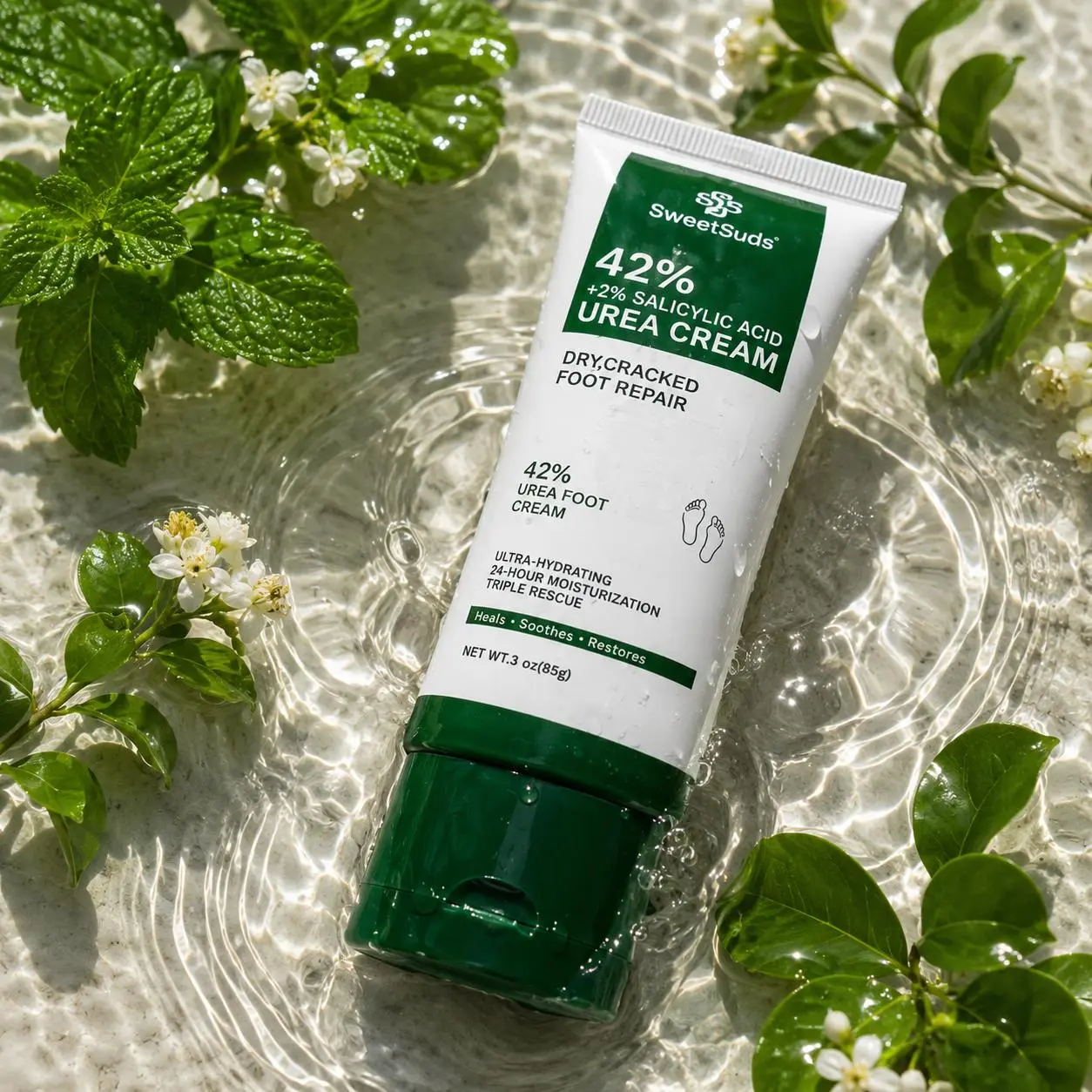SweetSuds 42% Urea + 2% Salicylic Acid Foot Cream, Intensive Moisturizing Care for Dry, Cracked Skin, Hydrating Hand Balm, Foot & Hand Cream for Women & Men, Foot Lotion