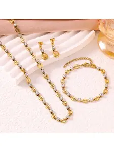 Gold Tone CZ Jewelry Set for Women, 3Pcs Coffee Bean Link Necklace Bracelet Earrings Set with Cubic Zirconia, Elegant Everyday Jewelry