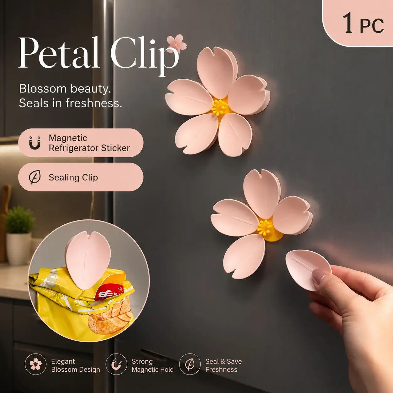 Magnetic Fridge Magnet Seal Clip, Creative High-End Design, Beautiful Sakura Fridge Magnet, Household Moisture-Proof Snack Seal Clip
