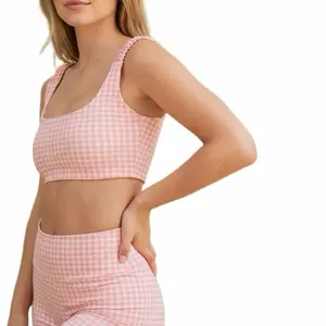 Gingham Print Rouched Bra Top Spandex Womenswear Everyday Straps Adjustable