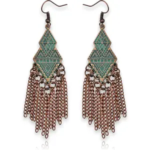 Country Western  for Women: Dangle Boho Turquoise & Bronze Patina Earrings with Long Copper Tassel Chains | Dangle Earring Set, Cowgirl Style Geometric Concert Festival Accessories
