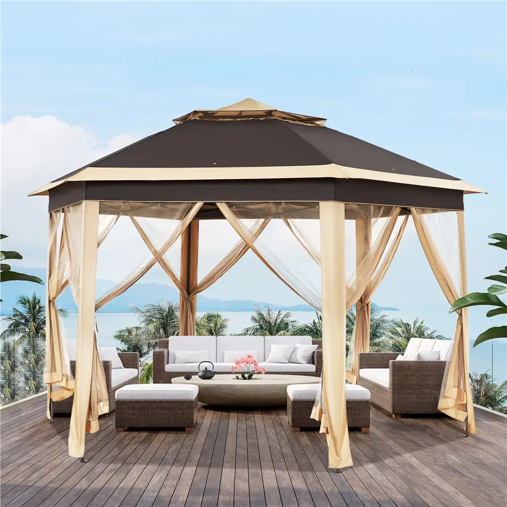 【Button Lift&Lock】Yaheetech 13x13 Pop up Gazebo, Hexagonal Outdoor Canopy Shelter, Instant Patio Gazebo Sun Shade Canopy Tent with Double Tiers & Mesh
