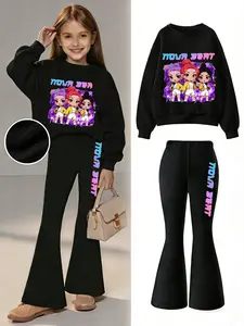 Girls' Two-Piece Set Sweatshirt & Bell Bottom Pants, Printed Round Neck Top & Fitted Bell Bottoms, Casual Spring & Fall