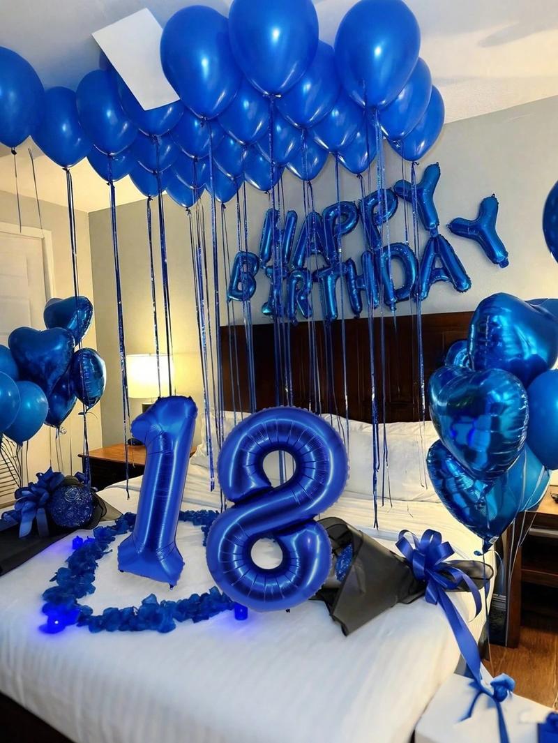 540pcs Blue Happy Birthday Party Decor Kit, Balloon Banner + 40in Foil Number Balloons, Blue Heart Balloons, Blue Rose Petals, Blue Theme Birthday Backdrop for Men Women, Photo Booth & Home Party Setup