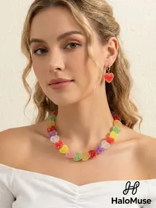 Rainbow Gummy Heart Jewelry Set, Sugar-Coated Necklace & Earrings, Aesthetic Sweet Gift for Bestie/Girlfriend, Photo-Ready for Festivals Parties Beach