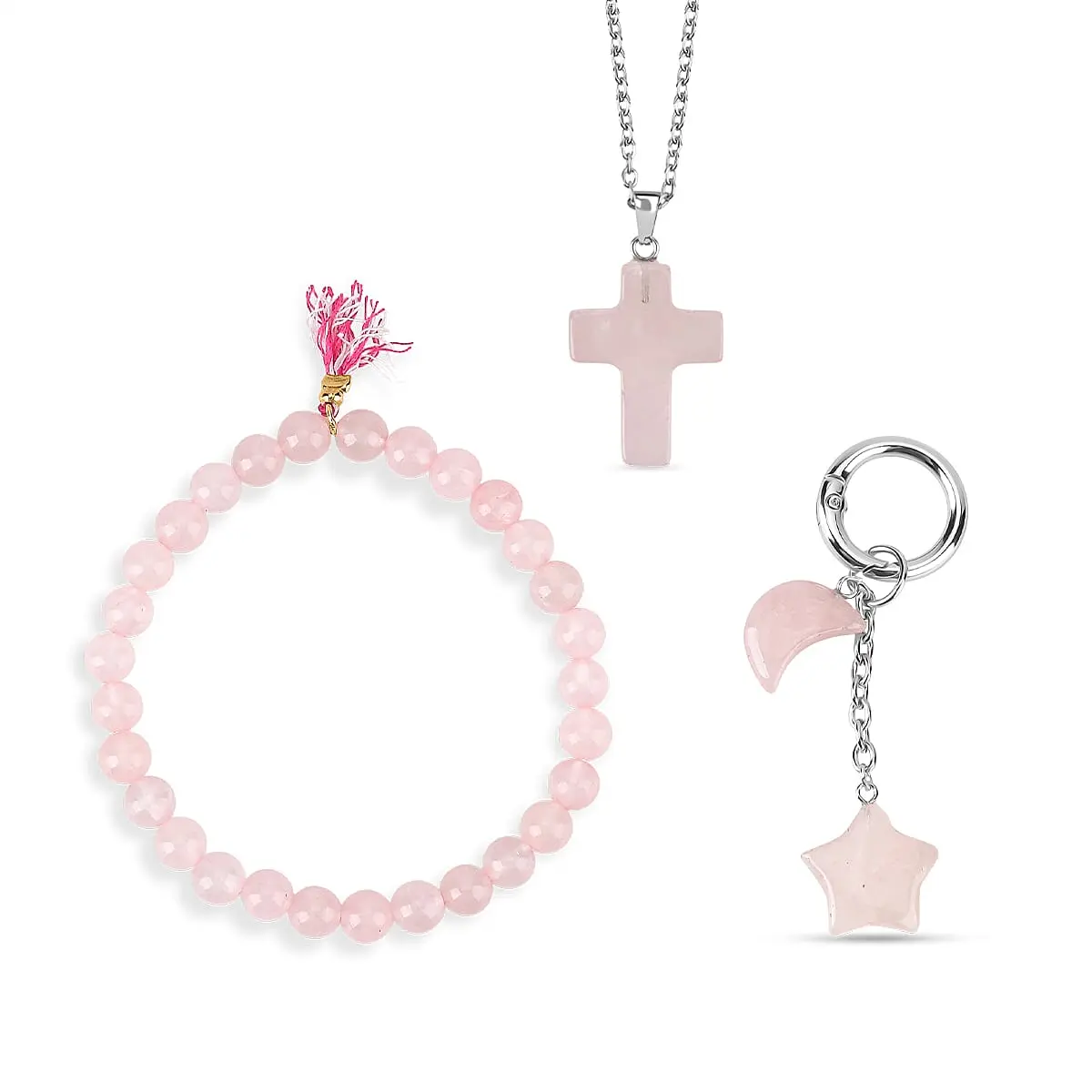 Rose Quartz Gemstone Gift Set of 3 Keyring, Beaded Bracelet and Cross Necklace 18 Inches Rose Quartz Gemstone Gift Set of 3 Keyring, Beaded Bracelet and Cross Necklace 18 Inches