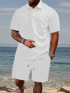Men's Regular Fit Jacquard Short Sleeve Tee & Shorts Set, Casual Tropical Round Neck T-shirt & Shorts, Two-piece Outfits for Men Menswear