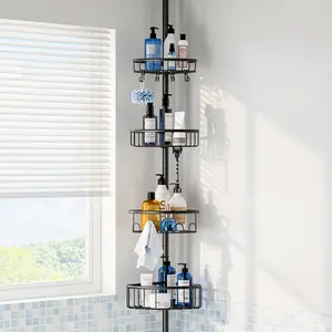 Corner Shower Caddy Tension Pole: Stainless Steel Rustproof 4-Tier Shower Organizer - 47-121 inch Adjustable Bathroom Shelves for Bathtub Shampoo Storage - Tension Rod Floor Standing Bath Rack - Black
