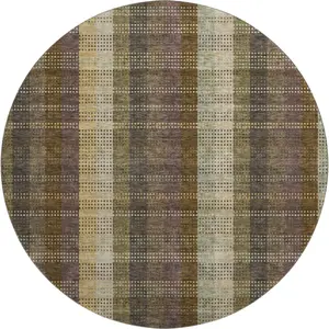 HomeRoots 676449 8 ft. Brown, Ivory & Plum Plaid Washable Round Area Rug with UV Protection