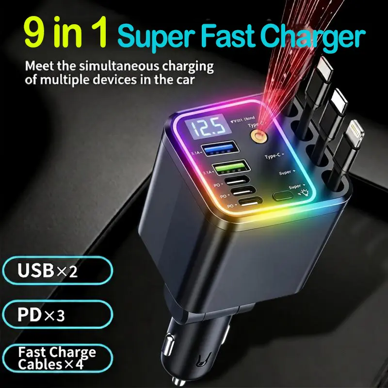Ultra Fast Charger,150W Max, Upgrate Car Charger Station: Suitible for All Devices,Star Projector 4 Cables + 5 Ports, Includes Real-time Voltage Monitor & RGB Lights. The Perfect Road Trip Essential to Declutter Your Console!