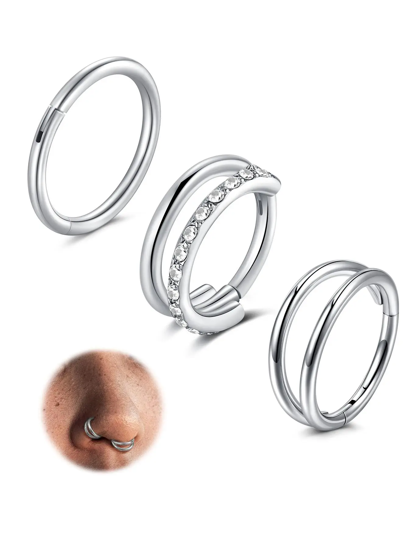3 Piece Set Nose Rings, Hinged Nose Ring, Stainless Steel Double Hoop 16G Hinge CZ Piercing Nose Jewelry, Unisex Fashion for Any Occasion, Spiral Nose Ring, Nose Rings Hoops