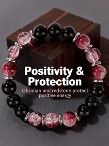 Obsidian Stone Bracelet, Bohemian Crystal Glass Bead Strand, Positive Energy Protection Jewelry, Spiritual Luck Charm
