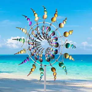 A multi-color stainless steel outdoor decoration for the courtyard. A  metal windmill for the courtyard's creative garden decoration. A wind-powered rotating device for capturing wind energy. Non-electric. Gift for moving house or festival.