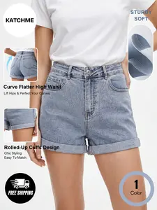 Katch Me Chic Women's Versatile High Waist Rolled-Up Durable Denim Shorts, Classic Multi-Pocket Sturdy Wrinkle-Resistant Daily Jeans, Flexible Cotton Street Womenswear