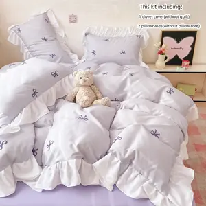 3-Piece Soft Bedding Set Butterfly Knot Design, Ruffled Sheet Set Includes 1 Fitted Sheet & 2 Pillowcases, Easy Care