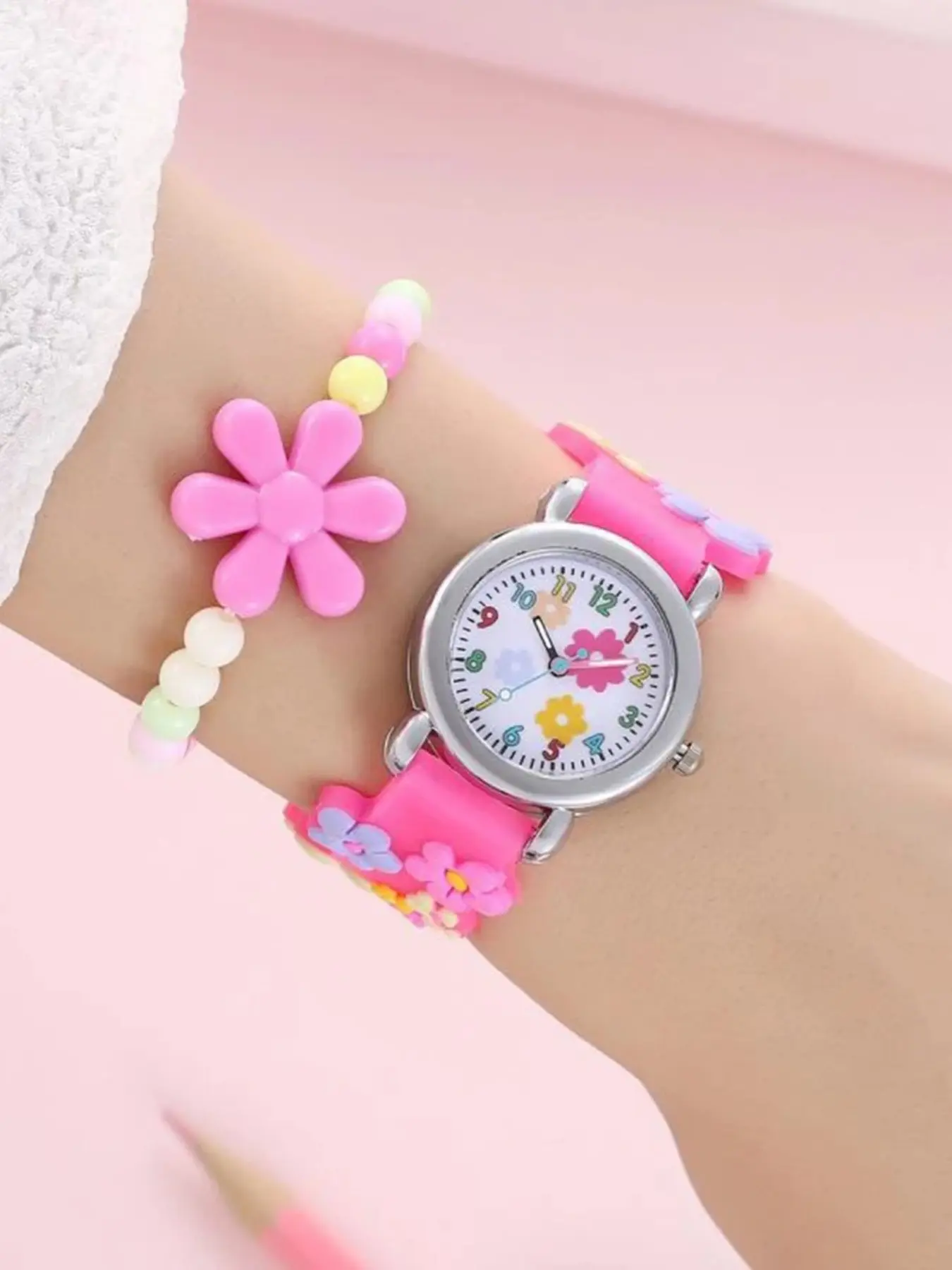 Cute Floral Cartoon Watch Bracelet Set, Quartz Silicone Watch, Colorful Easy-To-Read Design, Perfect Holiday Gift, Elegant Style