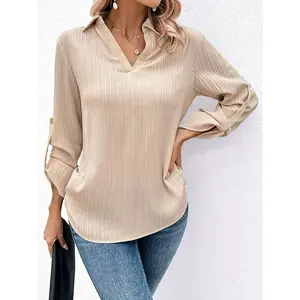 A ladies' khaki collared V-neck shirt Blouse with rolled sleeves, suitable for both work and casual wear, and versatile for various occasions