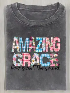 "Amazing Grace" Floral & Plaid Washed Cotton Tee