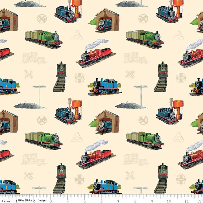Thomas & Friends 80th Anniversary Main Cream Fabric by the Yard or Fat Quarter | Riley Blake Designs