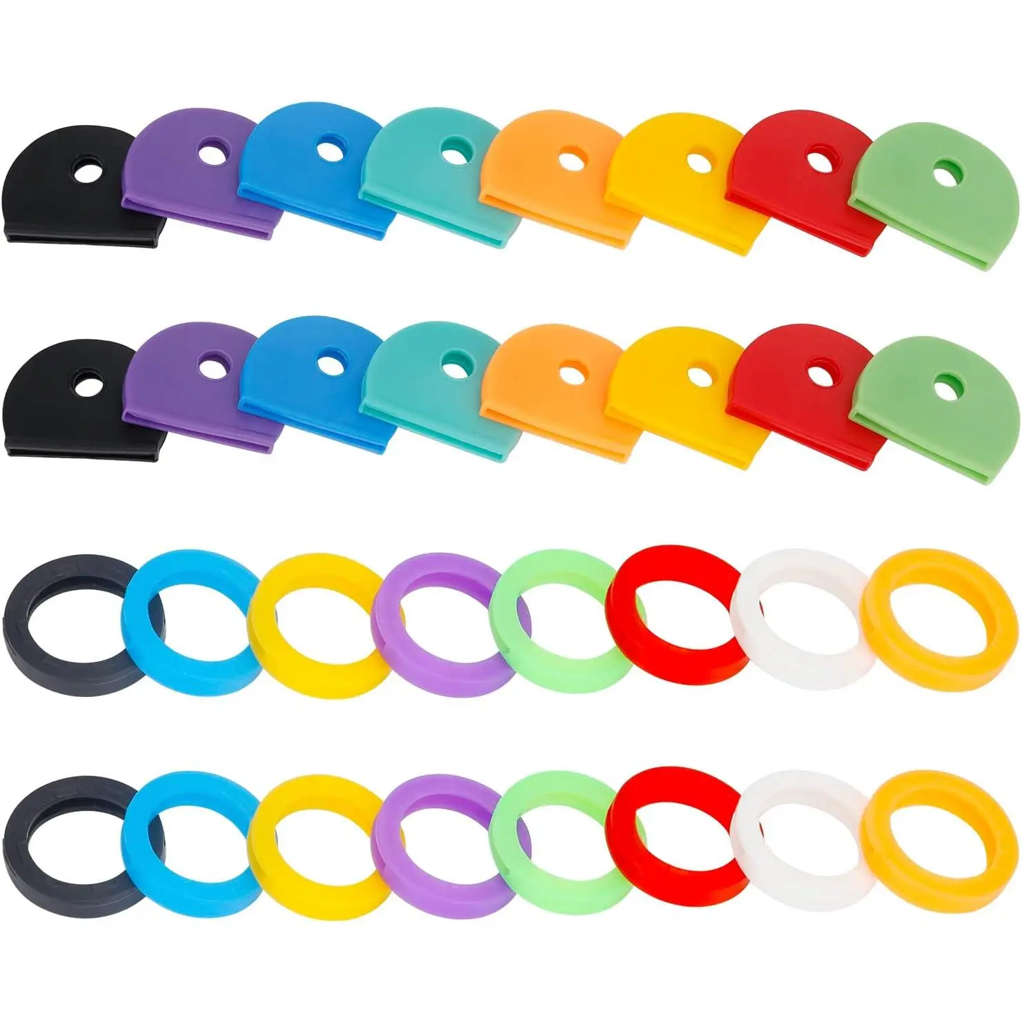 32 Pack Key Cap Tags Set in 8 Assorted Colors Plastic Key Identifier Coding Label Covers for Standard Flat House Keys, 2 Styles