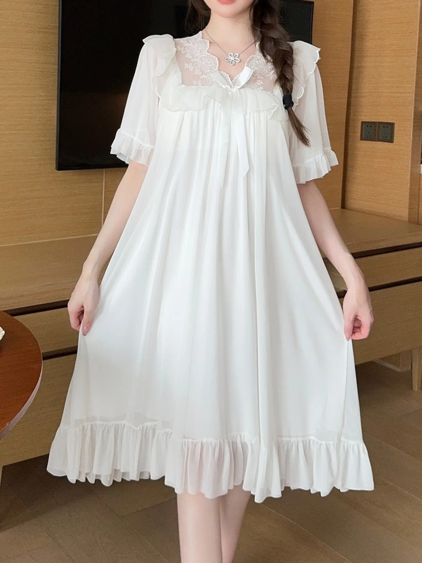 Women's Summer New Two-Layer Mesh Nightgown, Embroidered Lace Patchwork Butterfly Ruffled Bow Dress, Soft Princess Style Elegant Sleepwear, Wearable at Home