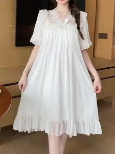 Women's Summer New Two-Layer Mesh Nightgown, Embroidered Lace Patchwork Ruffle Bow Dress, Soft Princess Style Sleepwear, Wearable at Home