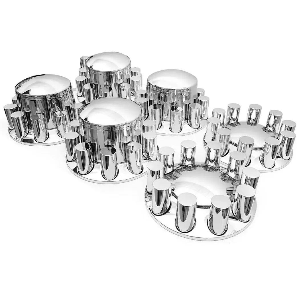 Chrome Front & Rear Axle Complete Wheel Cover Kit - 33mm Screw-On Cylinder Lug Nut Covers, 2 Front & 4 Rear Standard Hub Caps, Automotive Accessory for Semi Trucks