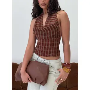 Kendia Plunge Halter Top Red Check